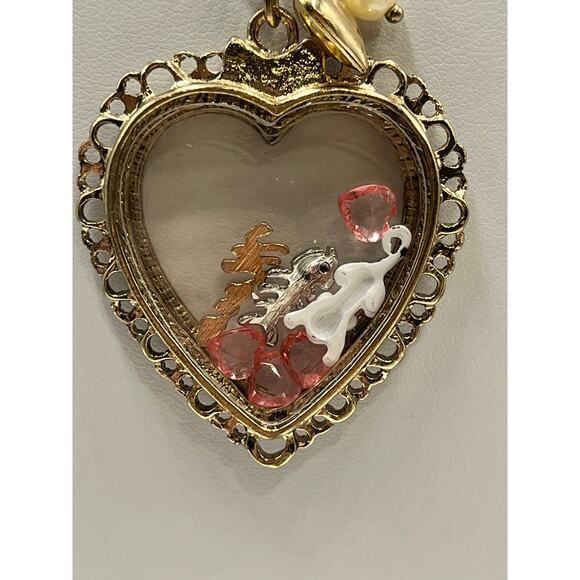 BETSEY JOHNSON Vintage Kitty White Cat Meow Floating Charm Pearl Heart Necklace - Picture 8 of 10